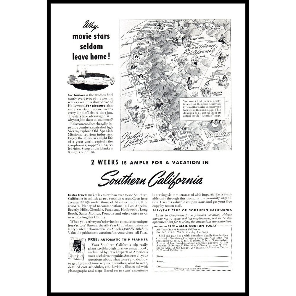 1940 Southern California Vacation Tourism Vintage Print Ad Cartoon Map Wall Art